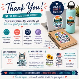 The image is a colorful advertisement featuring a laptop, a water bottle, and various stickers. The text on the laptop and water bottle states that the order is appreciated and the stickers are made with care. The stickers include a cat, a sunflower, and a message about the importance of the child. The advertisement also highlights the variety of designs available and the convenience of ordering stickers online.