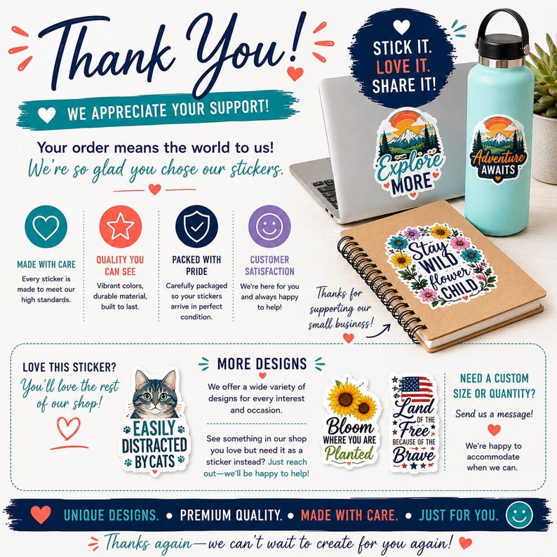 The image is a colorful advertisement featuring a laptop, a water bottle, and various stickers. The text on the laptop and water bottle states that the order is appreciated and the stickers are made with care. The stickers include a cat, a sunflower, and a message about the importance of the child. The advertisement also highlights the variety of designs available and the convenience of ordering stickers online.