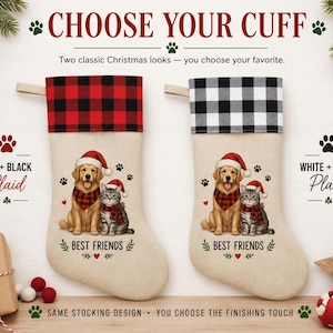 King Charles Tri-Color Cavalier Spaniel Personalized Dog Christmas Stocking, Dog Owner Gift Pet Stocking, Dog Lover Plaid Christmas Decor