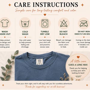 a care instructions guide for washing a blue t-shirt, along with icons representing different care instructions.