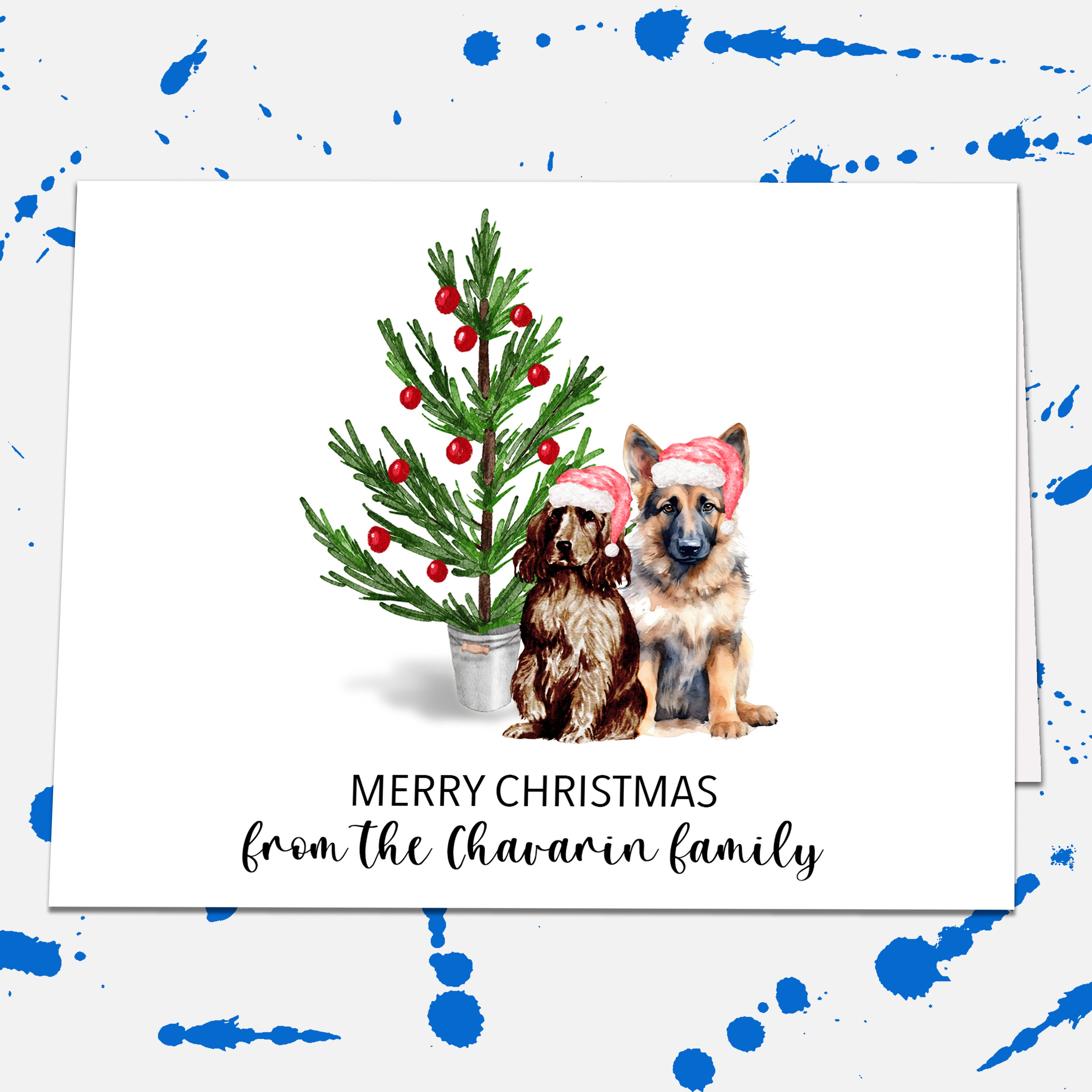 Boykin Spaniel & German Shepherd Dog Christmas Card Set, Personalized Holiday Card Set, Custom Family Christmas Cards, Blank Greeting Cards
