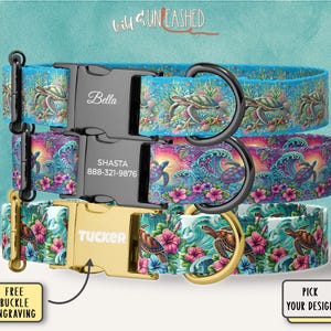 May include: Three personalized dog collars stacked, each with a unique design. The top collar is blue with sea turtles, the middle is purple with waves and turtles, and the bottom is green with turtles and flowers. Each collar has a metal buckle with a name engraved.