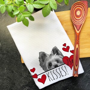 Yorkie Dog Kisses Valentines Day Gift for Mom, Yorkshire Terrier Mom Valentine Gift, Hearts Dish Towel, Valentines Dog, Kitchen Tea Towel