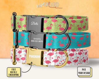 May include: Three pet collars featuring pink flamingo patterns on green, teal, and white backgrounds. Each collar has a side-release buckle with custom engraving, including the names Bella, Shasta with a phone number, and Tucker, plus metal D-rings.