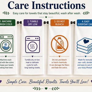 The image is a care instructions guide for towels, providing step-by-step instructions on how to properly care for them.