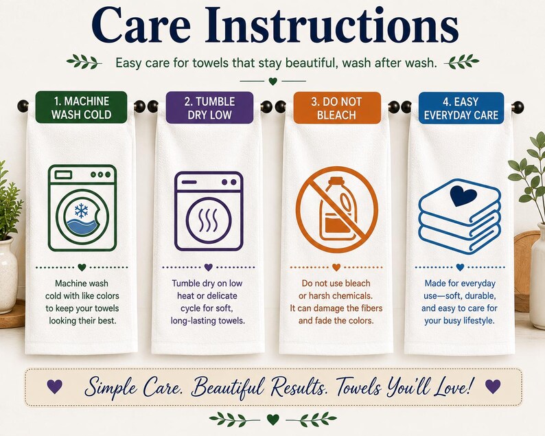 The image is a care instructions guide for towels, providing step-by-step instructions on how to properly care for them.