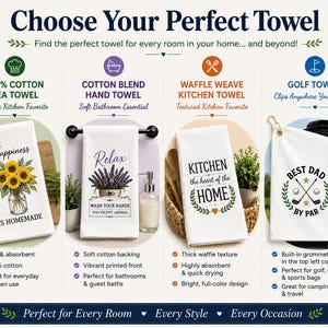 The image is an advertisement for a line of towels, each with different features and designs, designed to be perfect for every room in a home and every occasion.