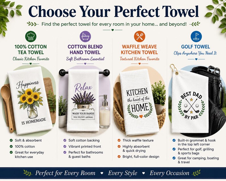 The image is an advertisement for a line of towels, each with different features and designs, designed to be perfect for every room in a home and every occasion.