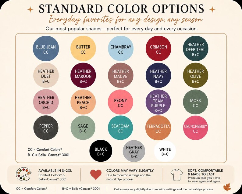 The image is a collection of color swatches for various shades of blue jeans, butter, chambray, and other clothing items. The swatches are available in different colors, and the image provides information about the available colors and their suitability for different seasons and occasions.