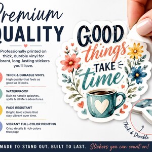 The image is an advertisement for premium quality stickers, featuring a hand holding one of the stickers and highlighting its features such as high durability, vibrant colors, and thick and durable printing.