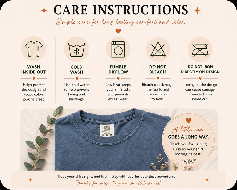 a care instructions guide for washing a blue t-shirt, along with icons representing different care instructions.
