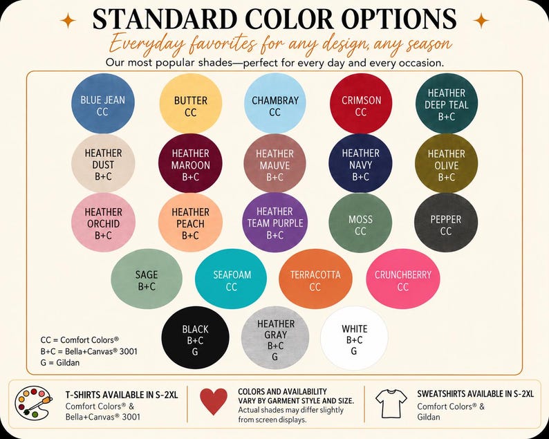 The image is a collage of various color options for T-shirts, including shades of blue, black, and other colors. It lists the most popular shades and their corresponding colors, along with a description of the colors and their availability.