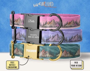 Puede incluir: Tres collares para mascotas con estampado de paisaje de montaña y bosque. Los dos collares superiores tienen hebillas negras grabadas con Bella y Shasta 888-321-9876. El collar inferior tiene una hebilla dorada grabada con Tucker. Texto Wild & Unleashed.