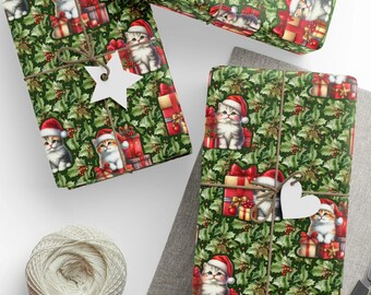 May include: Christmas-themed gift wrap featuring a repeating pattern of kittens wearing Santa hats, surrounded by holly and wrapped presents. The gifts are tied with twine and adorned with star-shaped tags.