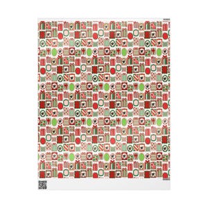 The image is a repeating pattern of various Christmas-themed elements, including presents, trees, and other festive symbols in shades of red, green, and white.