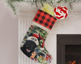 Personalized Black German Shepherd Christmas Stocking with Buffalo Plaid Trim, Festive Holiday Decor for Pet Lovers, Farmhouse Country Decor