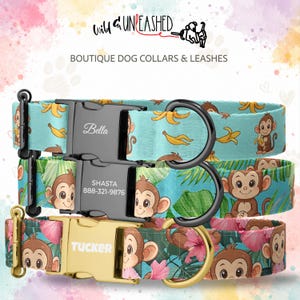 Cute Monkey Personalized Dog Collar, Tropical Flowers, Bananas and Leaves, Engraved Buckle, Funny Jungle Theme Dog Mom Gift, Optional Leash
