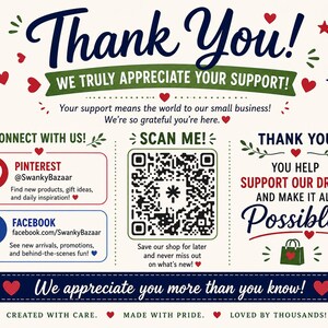 The image is a colorful and detailed thank you card featuring various social media platforms and a QR code. It expresses gratitude for the support of small businesses and encourages engagement through likes, shares, and comments.