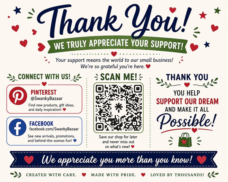 The image is a colorful and detailed thank you card featuring various social media platforms and a QR code. It expresses gratitude for the support of small businesses and encourages engagement through likes, shares, and comments.
