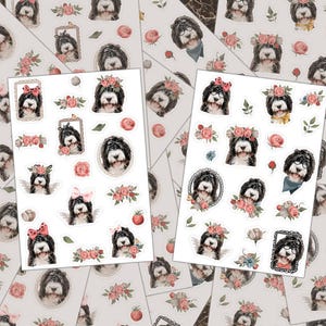 Bernedoodle Sticker Sheets Journal Stickers, Cute Floral Dogs (Vinyl, Waterproof, UV Laminate, Easy Peel Backing) afbeelding 1