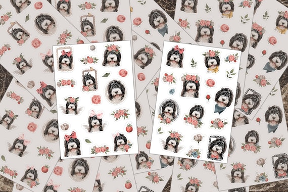 Bernedoodle Sticker Sheets Journal Stickers, Cute Floral Dogs (Vinyl, Waterproof, UV Laminate, Easy Peel Backing)