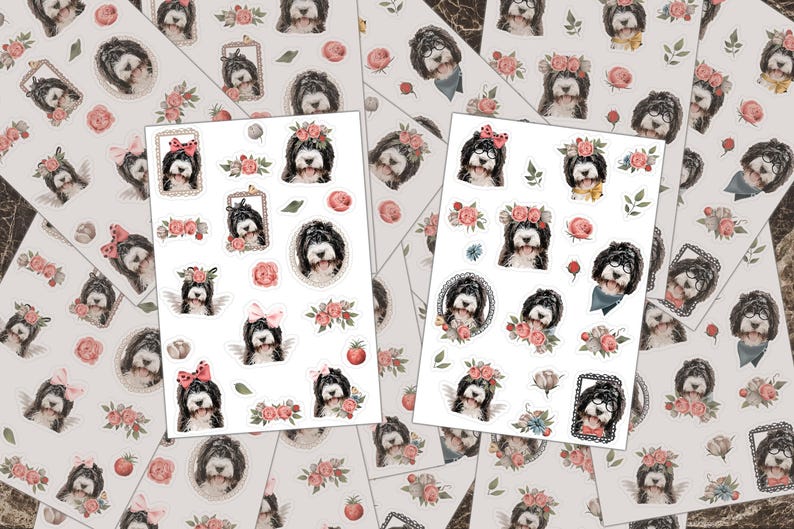 Bernedoodle Sticker Sheets Journal Stickers, Cute Floral Dogs (Vinyl, Waterproof, UV Laminate, Easy Peel Backing) afbeelding 1