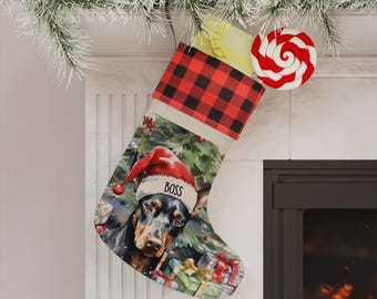 Gepersonaliseerde kerstsok met Doberman-motief, cadeau op maat voor hondenbezitters, kerstdecoratie voor hondenmoeders, kerstdecoratie met ruitjespatroon voor hondenliefhebbers