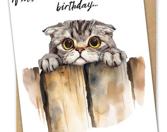 Watercolor Cat Birthday Card, Scottish Fold Cat Lover Gift, Peeking Cat Friend Birthday Greeting Card, Cat Mom Happy Birthday Card Pet Lover