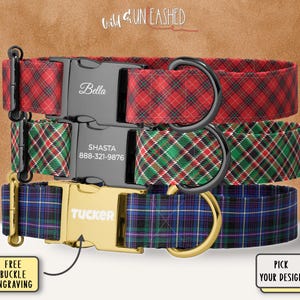 Tartan Plaid Personalized Dog Collar, Holiday Red, Christmas Green, or Clan Blue Plaid Pet Accessory, Custom Engraved Buckle, Optional Leash