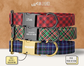 Tartan Plaid Personalized Dog Collar, Holiday Red, Christmas Green, or Clan Blue Plaid Pet Accessory, Custom Engraved Buckle, Optional Leash