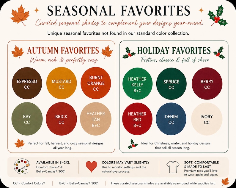 The image is a collection of seasonal color swatches for fall, winter, and holiday designs, featuring various shades of brown, green, orange, and red.