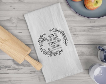 Paño de cocina con cita cristiana: Jesús tiene sed de tu amor, decoración para la cocina