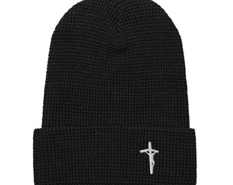 JPII Crucifix Waffle Beanie | Christian Waffle Hat | White Cross