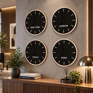 May include: Four circular wall clocks with light wood frames and black faces. Each clock features white hour markers and white text indicating the city names New York, London, Tokyo, and Paris. The clocks are arranged in a two-by-two grid pattern.