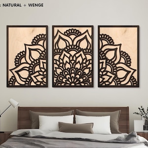 Wood mandala wall art, 3 panel wall art,Mandala wall panel,Lotus wall art set,Wood flower wall art,Carved wood wall art,Boho wooden wall art
