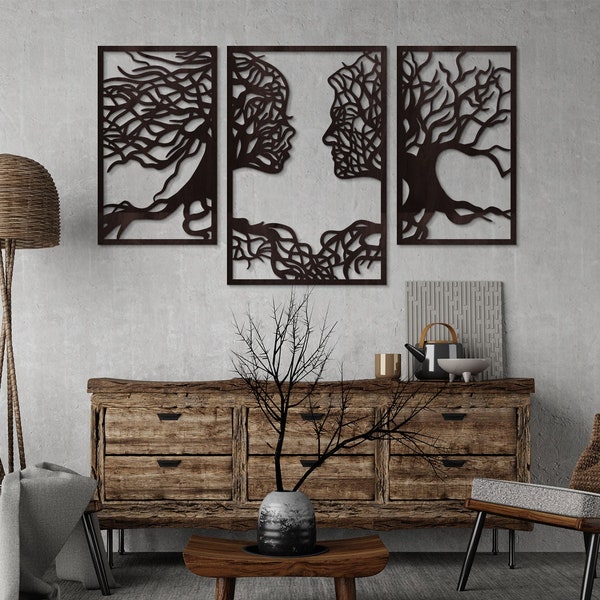Arte de pared de árbol de la vida grande, madera de arte de pared de árbol de la vida, paneles de árbol de la vida, conjunto de árbol de la vida de arte de pared de madera de 3,3 paneles, decoración de pared sobre la cama