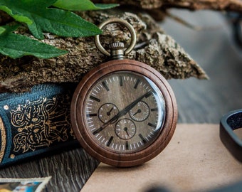 Pocket watch with chain, Engraved pocket watch, Wood pocket watches for men, Watch with chain and initial, Custom name pocket watch