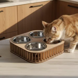 May include: A wooden cat feeding station with four stainless steel bowls. The station has a light brown, slatted design around the edges. An orange tabby cat is eating from one of the bowls. The bowls are set on a white countertop.