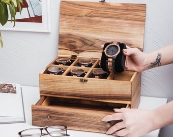 Wooden watch box with drawer, Watch box with glass lid, Engraved watch box for men, Custom watch box, Watch storage case, Watch organizer