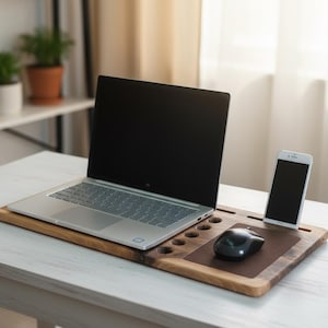Może przedstawiać: Drewniany organizer biurkowy z laptopem, smartfonem i myszką. Organizer ma brązowe wykończenie z wbudowaną podkładką pod mysz i kilkoma okrągłymi otworami. Laptop jest srebrny, a smartfon biały.
