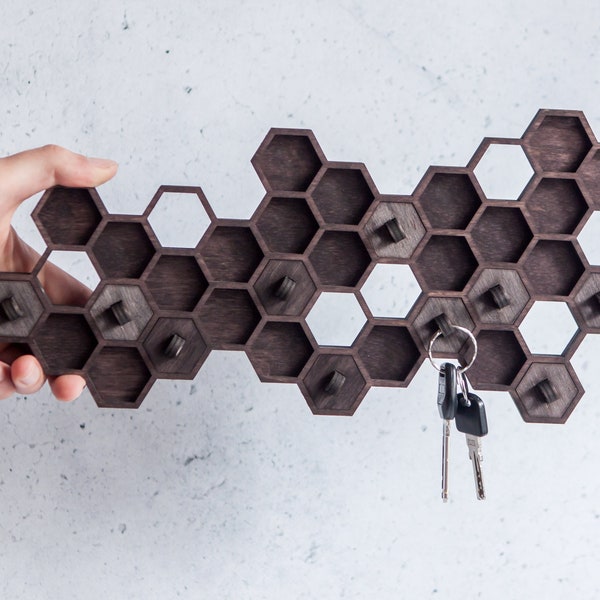 Wood honeycomb keychain holder, Hexagon key wall holder, Honeycomb key hooks, Honeycomb key rack, Honeycomb key shelf, Magnetic key hook