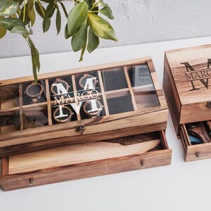 Caja de reloj para hombre grabada, caja de madera personalizada con cajón, caja de reloj de madera para hombre, caja de reloj de madera personalizada, caja de reloj de madera imagen 2