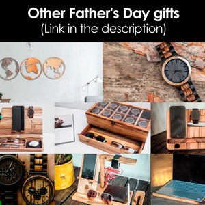May include: A collage of images showcasing various wooden gifts for Father's Day. The images include a wooden watch, a wooden phone stand, a wooden box with compartments, and a wooden globe. The text "Other Father's Day gifts (Link in the description)" is displayed at the top of the collage.