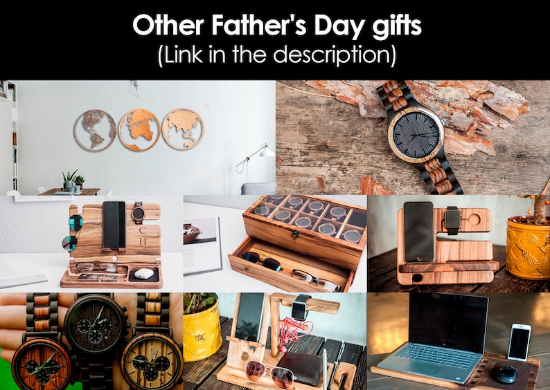 May include: A collage of images showcasing various wooden gifts for Father's Day. The images include a wooden watch, a wooden phone stand, a wooden box with compartments, and a wooden globe. The text "Other Father's Day gifts (Link in the description)" is displayed at the top of the collage.