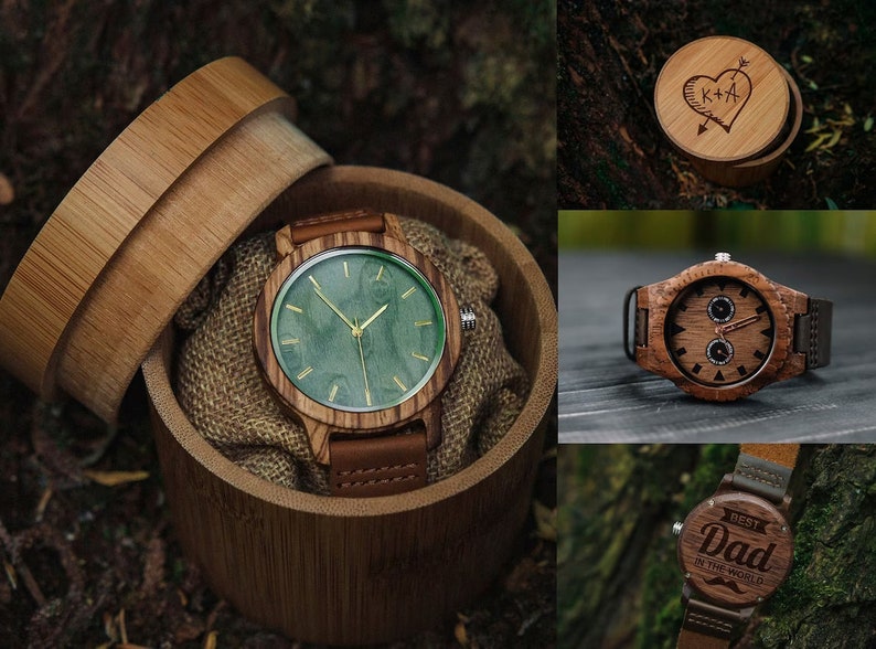 May include: Three wooden wristwatches with different designs. The first watch has a green face and a brown wooden band. The second watch has a brown face with a black and brown band. The third watch has a brown face with a brown band and the text "Best Dad in the World" engraved on the face.