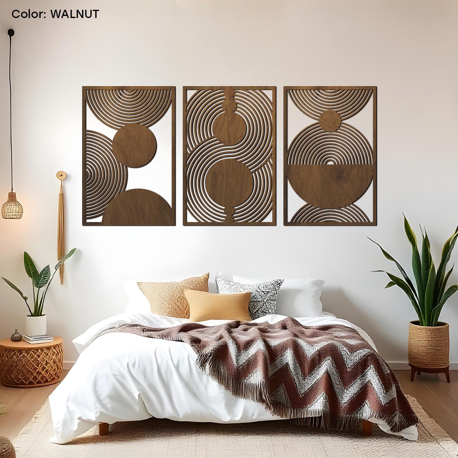 3 piece wood circle wall art, Wood wall art mid century, Modern wood wall art, 3 panel wall art, Large wood wall decor, Wooden boho wall art