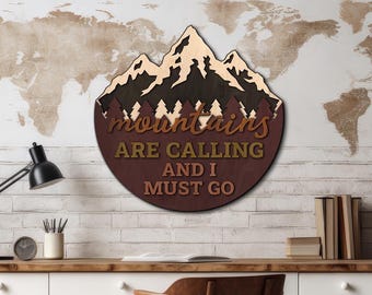 Mountains are calling wall art, Mountains wood wall art, Forest wall art wood, Nature wall hanging, Camping wall decor, Hiking wall decor