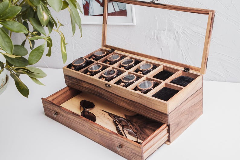 Caja de reloj para hombre grabada, caja de madera personalizada con cajón, caja de reloj de madera para hombre, caja de reloj de madera personalizada, caja de reloj de madera imagen 8