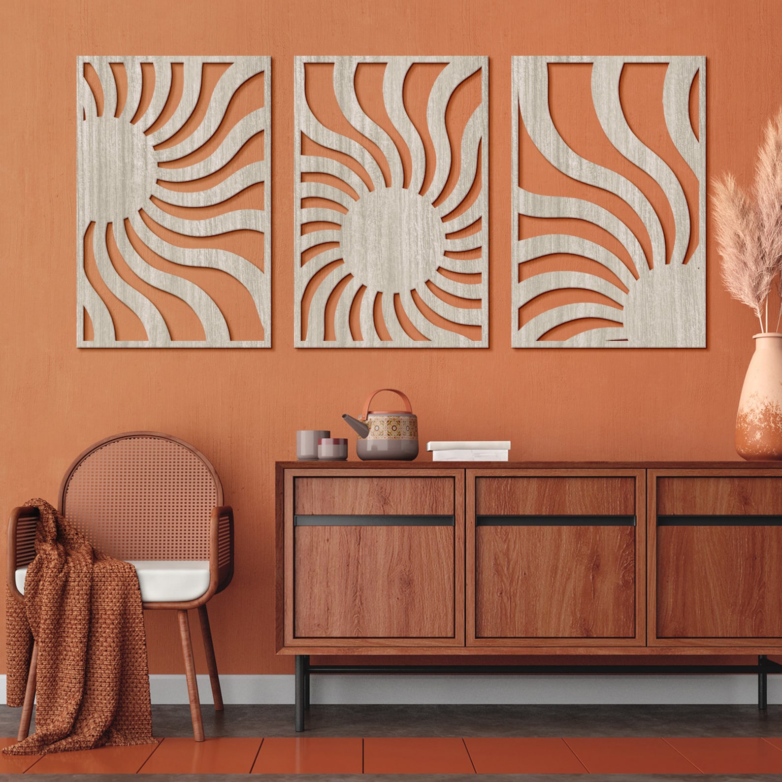 Sun Wall Art Set of 3sun Wood Wall Artmid Century Modern Etsy