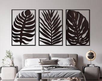 Tropical wall art set of 3, Tropical leaves wall art, Monstera wall art, Leaves wooden wall art, Jungle wood wall art, 3 panel wood wall art